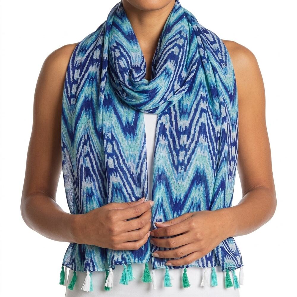 Blue Teal White Sheer Tasseled Zig Zag Geometric Scarf 40" x 72" Rectangular